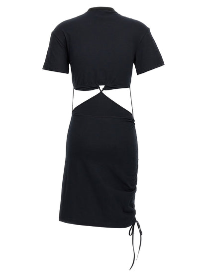 Dress by Nensi Dojaka for women in cotton black presents a sinuous silhouette, showcasing a sophisticated and detailed with a sinuous midi short for a refined finish.
