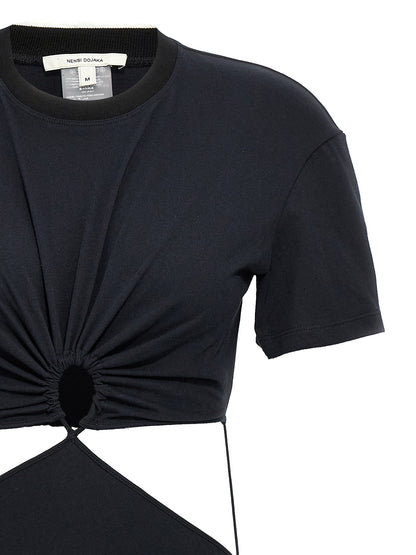 Dress by Nensi Dojaka for women in cotton black showcases a striking silhouette, elegantly detailed with a , refined , and a striking midi short for a striking finish.