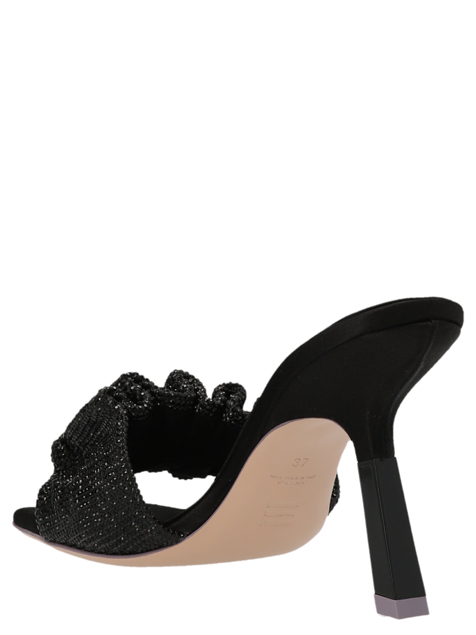 Stiletto Mules Sandals by SEBASTIAN for women in goatskin leather & sequins and black presents a captivating silhouette, showcasing the signature style of the Women's Goatskin leather & Sequins Stiletto Mules Sandals with a captivating stiletto and captivating .