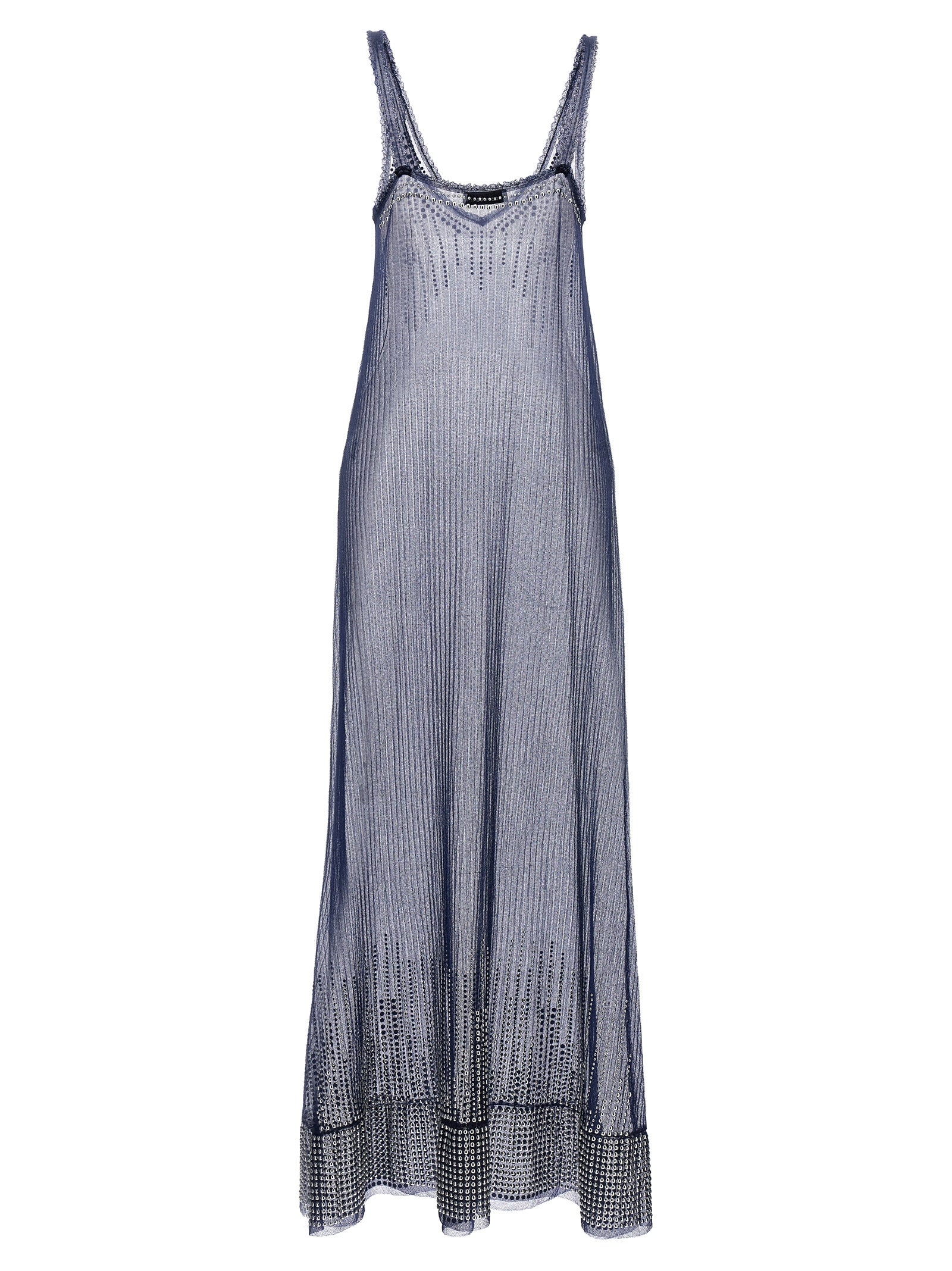 Dress by Paco Rabanne for women in polyester polyamide blue & transparent features an sultry silhouette defined by a v-neck neckline and , falling to an sultry long for a sultry look.