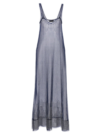 Dress by Paco Rabanne for women in polyester polyamide blue & transparent features an sultry silhouette defined by a v-neck neckline and , falling to an sultry long for a sultry look.