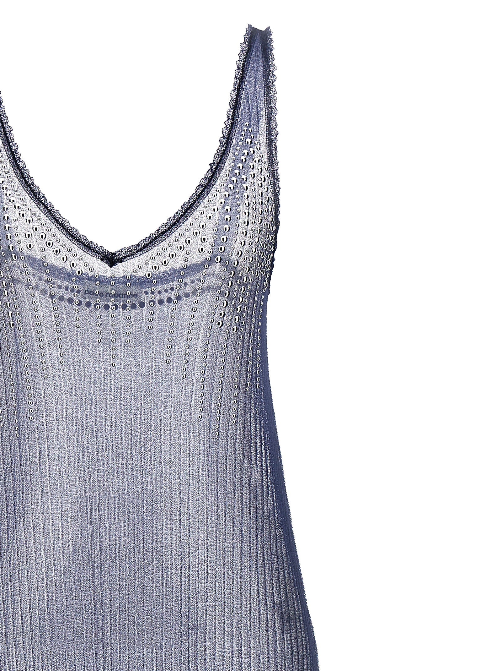 Dress by Paco Rabanne for women in polyester polyamide blue & transparent features an eye catching silhouette with a sophisticated v-neck neckline, elegant , and a refined long for a eye catching aesthetic.