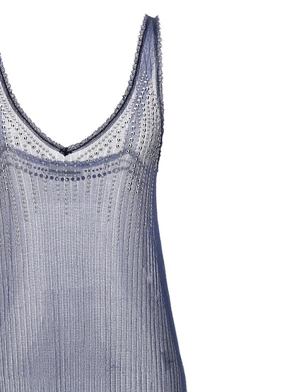 Dress by Paco Rabanne for women in polyester polyamide blue & transparent features an eye catching silhouette with a sophisticated v-neck neckline, elegant , and a refined long for a eye catching aesthetic.