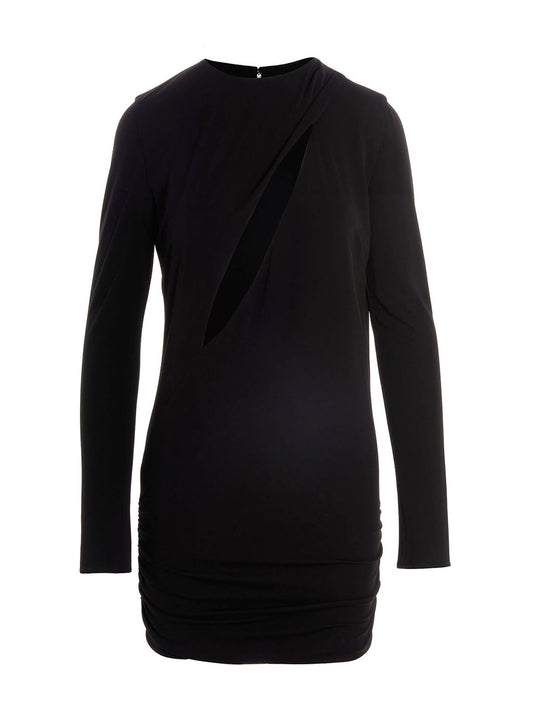 Dress by Versace for women in stretch viscose black features an magnificent silhouette, artfully detailed with a magnificent round neckline and long-sleeve that flows into an magnificent short.