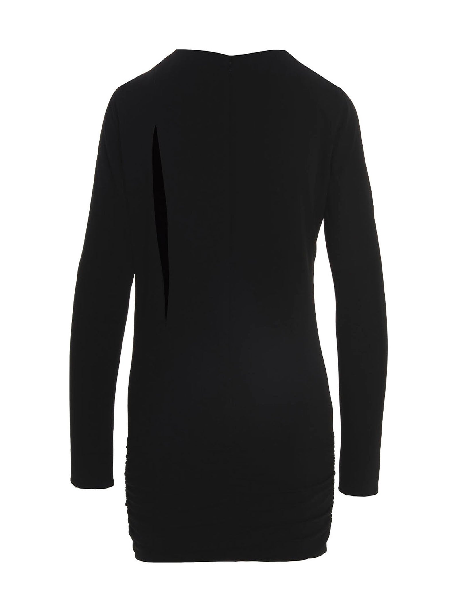 Dress by Versace for women in stretch viscose black presents a sinuous silhouette, showcasing a sophisticated round neckline and detailed with a sinuous short for a refined finish.