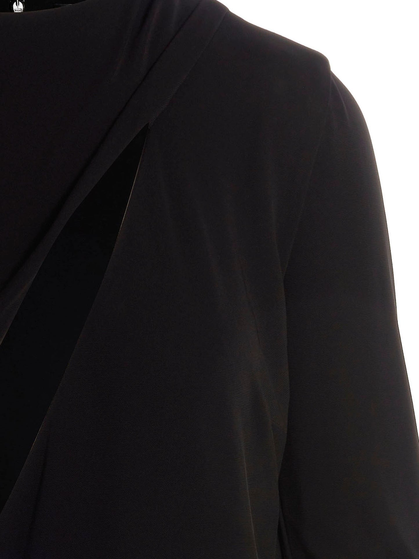 Dress by Versace for women in stretch viscose black presents a sinuous silhouette, showcasing a sophisticated round neckline and detailed with a sinuous short for a refined finish.