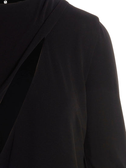 Dress by Versace for women in stretch viscose black presents a sinuous silhouette, showcasing a sophisticated round neckline and detailed with a sinuous short for a refined finish.