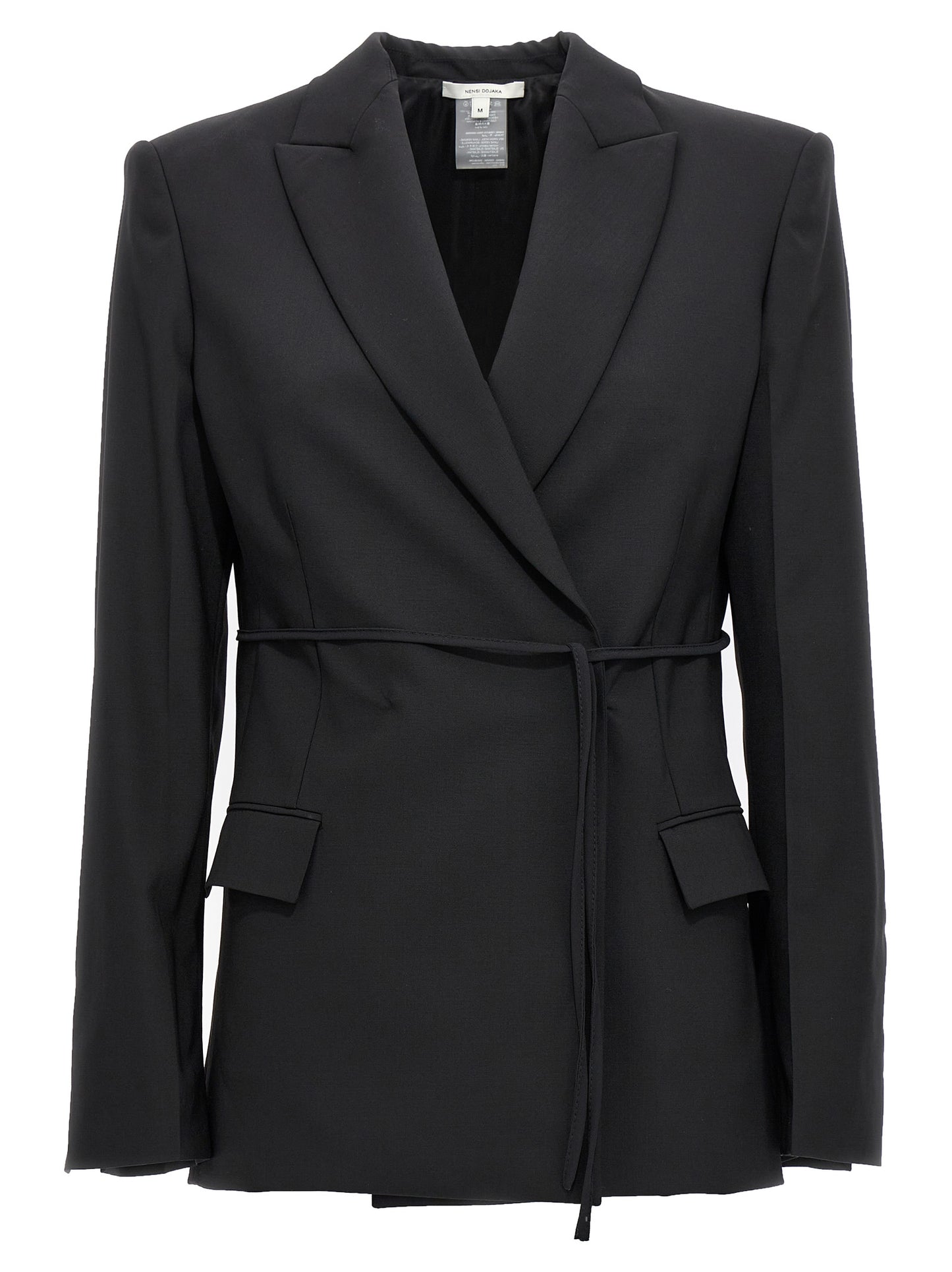 Tuxedo by Nensi Dojaka for women in virgin wool black showcases an tailored silhouette, artfully detailed with a sophisticated and a tailored for a refined, high-fashion look.