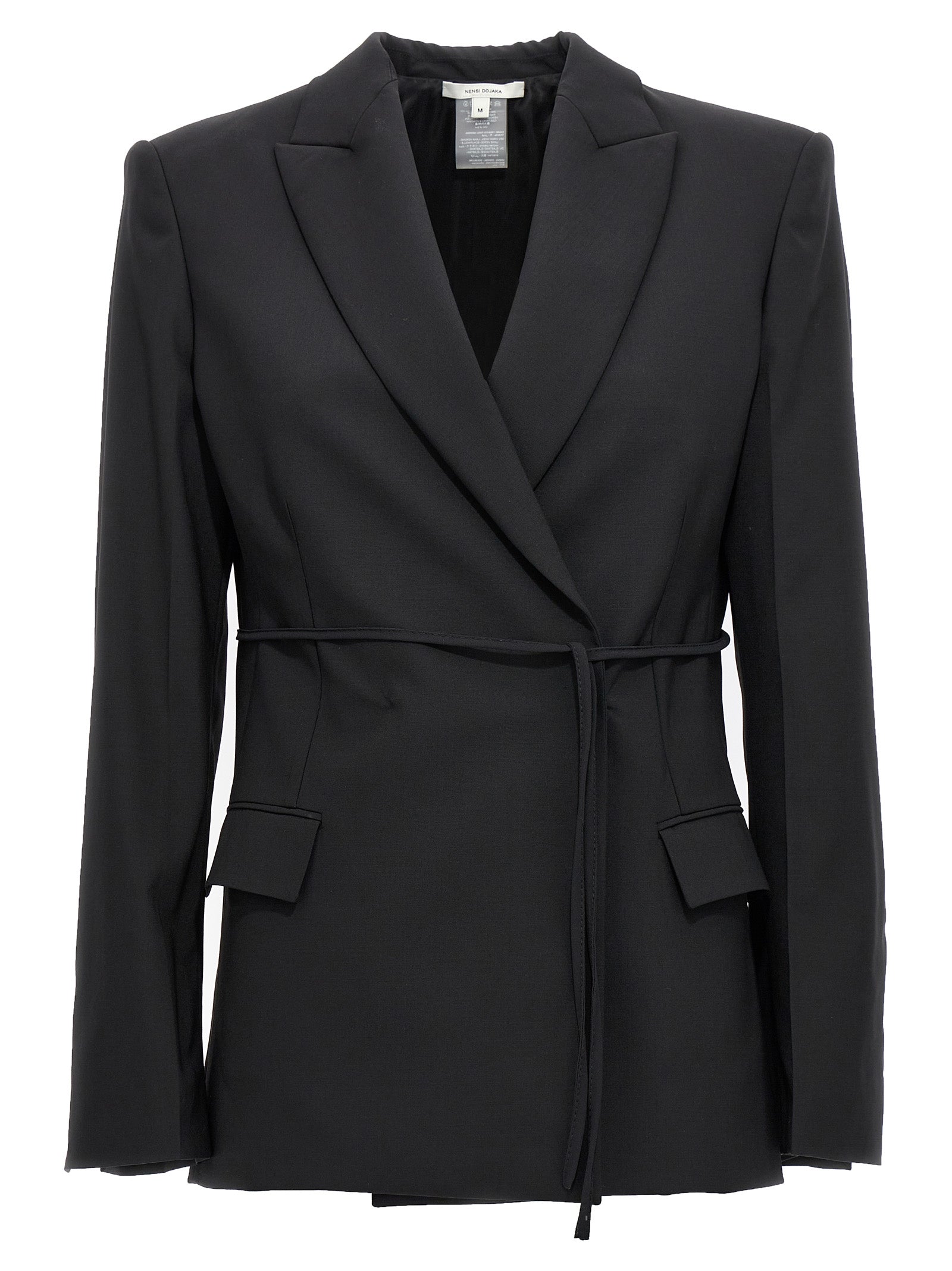 Tuxedo by Nensi Dojaka for women in virgin wool black showcases an tailored silhouette, artfully detailed with a sophisticated and a tailored for a refined, high-fashion look.