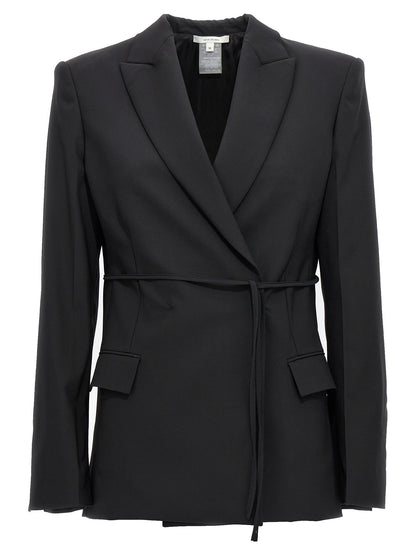 Tuxedo by Nensi Dojaka for women in virgin wool black showcases an tailored silhouette, artfully detailed with a sophisticated and a tailored for a refined, high-fashion look.