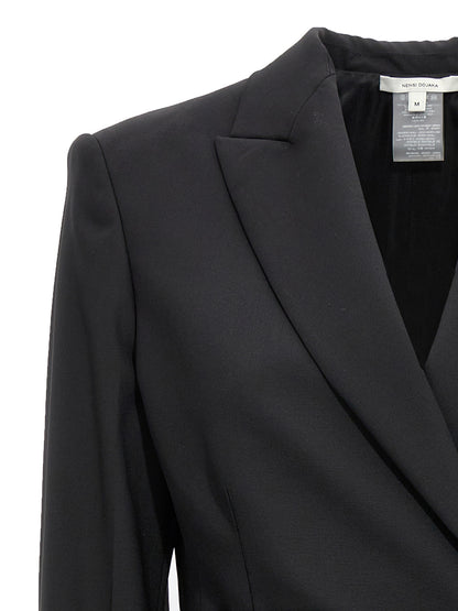 Tuxedo by Nensi Dojaka for women in virgin wool black presents a sartorial silhouette, artfully finished with a sartorial and a sartorial for a truly sophisticated look.