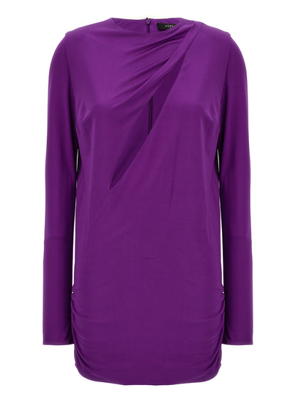 Dress by Versace for women in stretch viscose purple showcases a striking silhouette, elegantly detailed with a long-sleeve, refined round neckline, and a striking short for a striking finish.