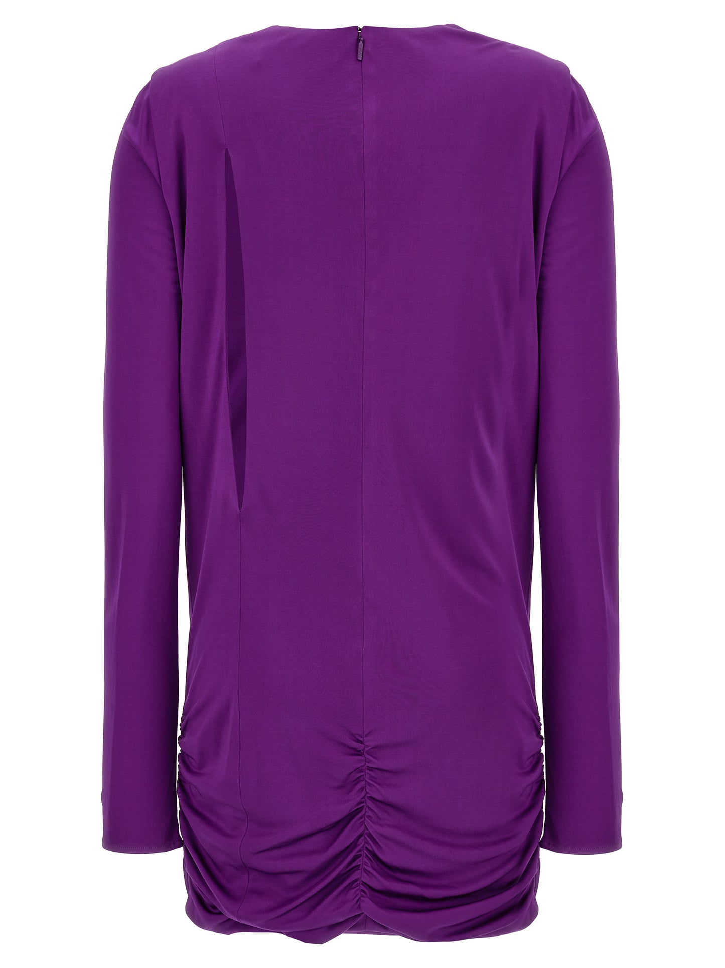 Dress by Versace for women in stretch viscose purple features a dramatic silhouette, showcasing an elegant round neckline and that flows into a dramatic short.