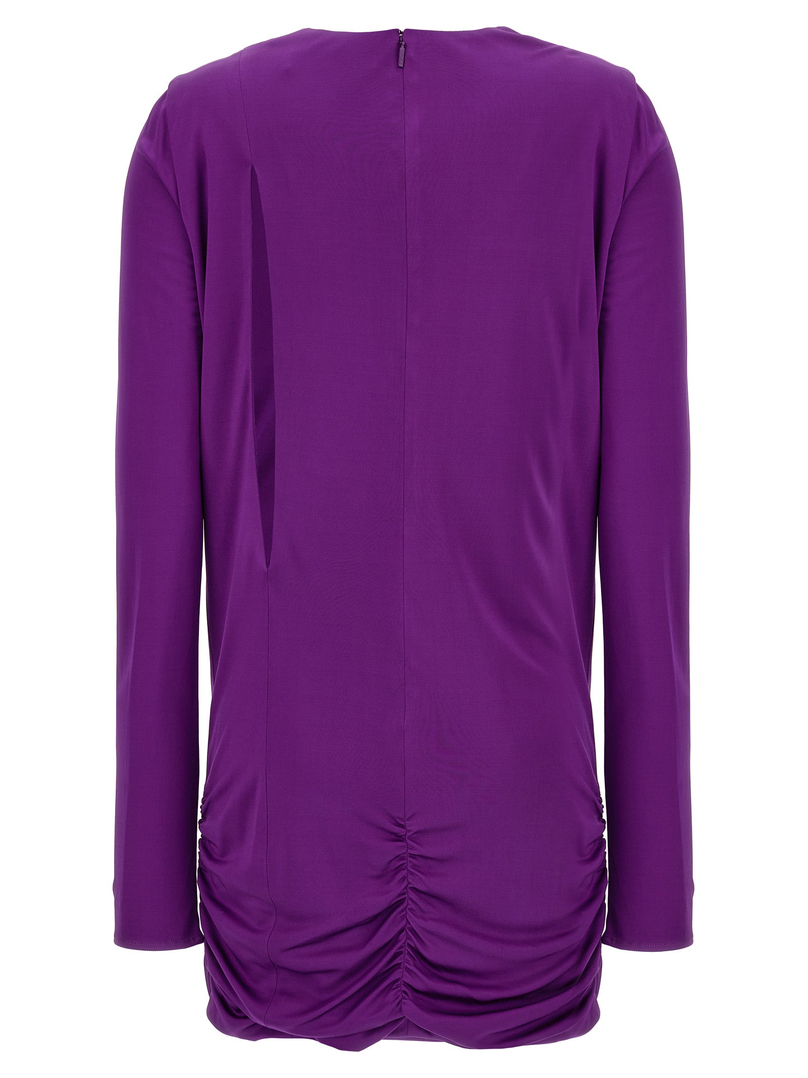Dress by Versace for women in stretch viscose purple features a dramatic silhouette, showcasing an elegant round neckline and that flows into a dramatic short.