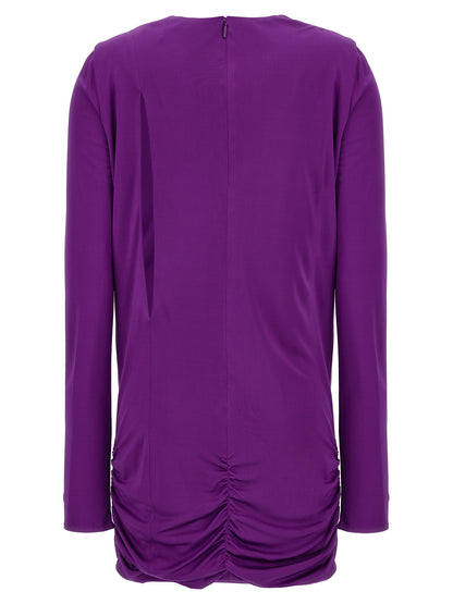 Dress by Versace for women in stretch viscose purple features a dramatic silhouette, showcasing an elegant round neckline and that flows into a dramatic short.