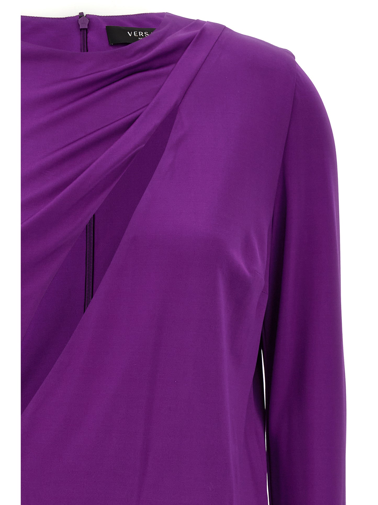 Dress by Versace for women in stretch viscose purple features an sultry silhouette defined by a round neckline and , falling to an sultry short for a sultry look.