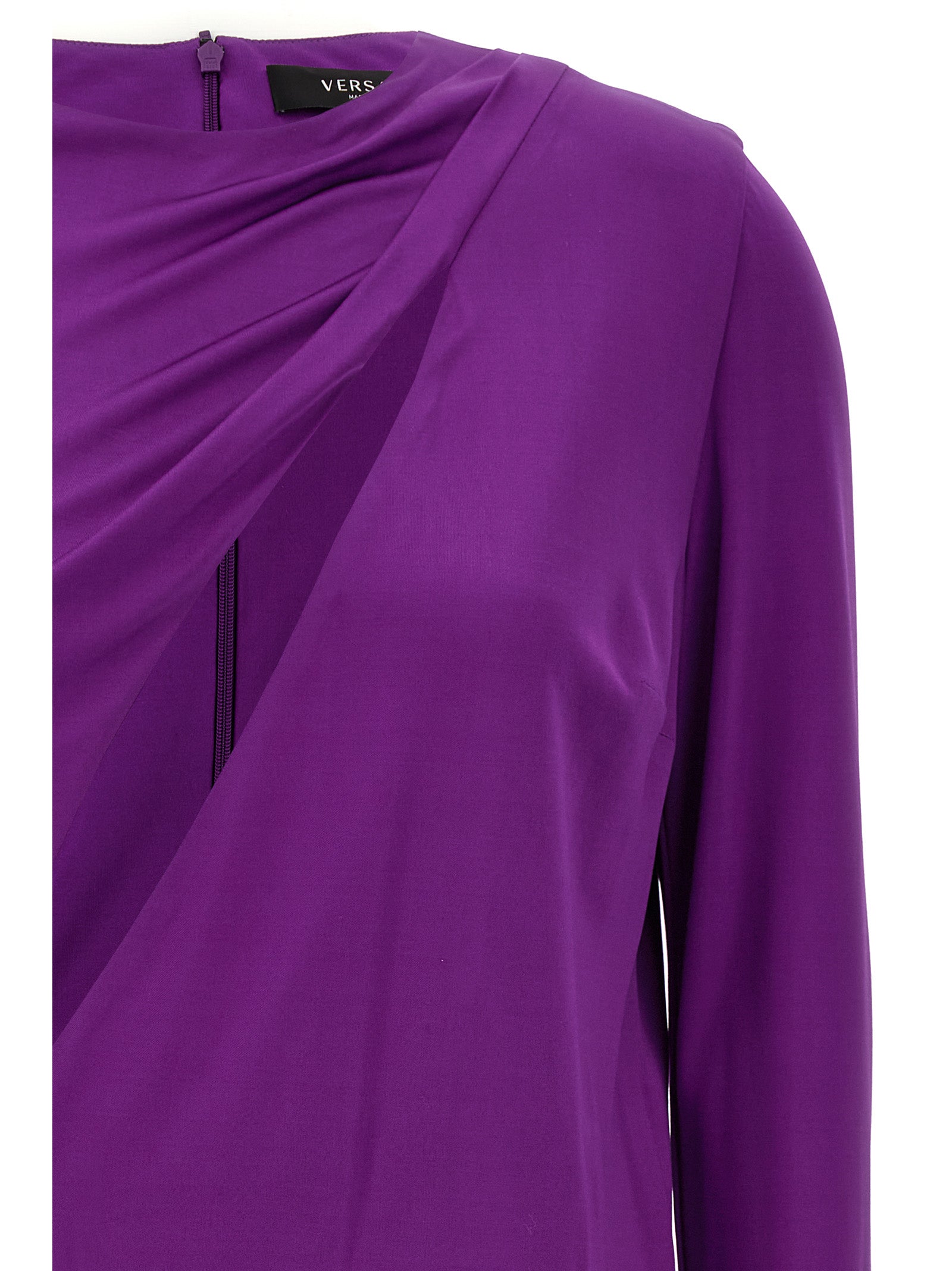 Dress by Versace for women in stretch viscose purple features an sultry silhouette defined by a round neckline and , falling to an sultry short for a sultry look.