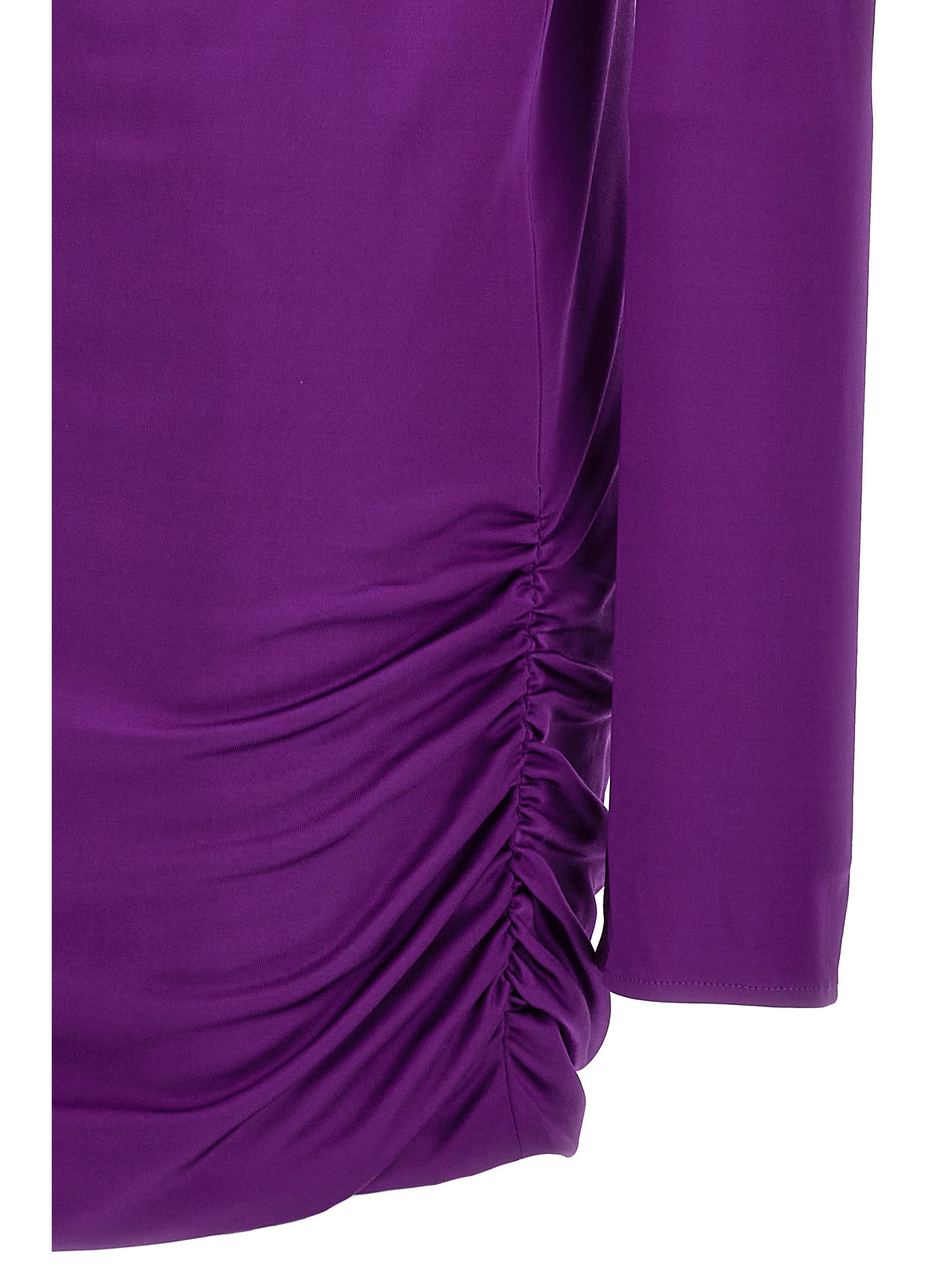 Dress by Versace for women in stretch viscose purple presents a sinuous silhouette, showcasing a sophisticated and detailed with a sinuous short for a refined finish.