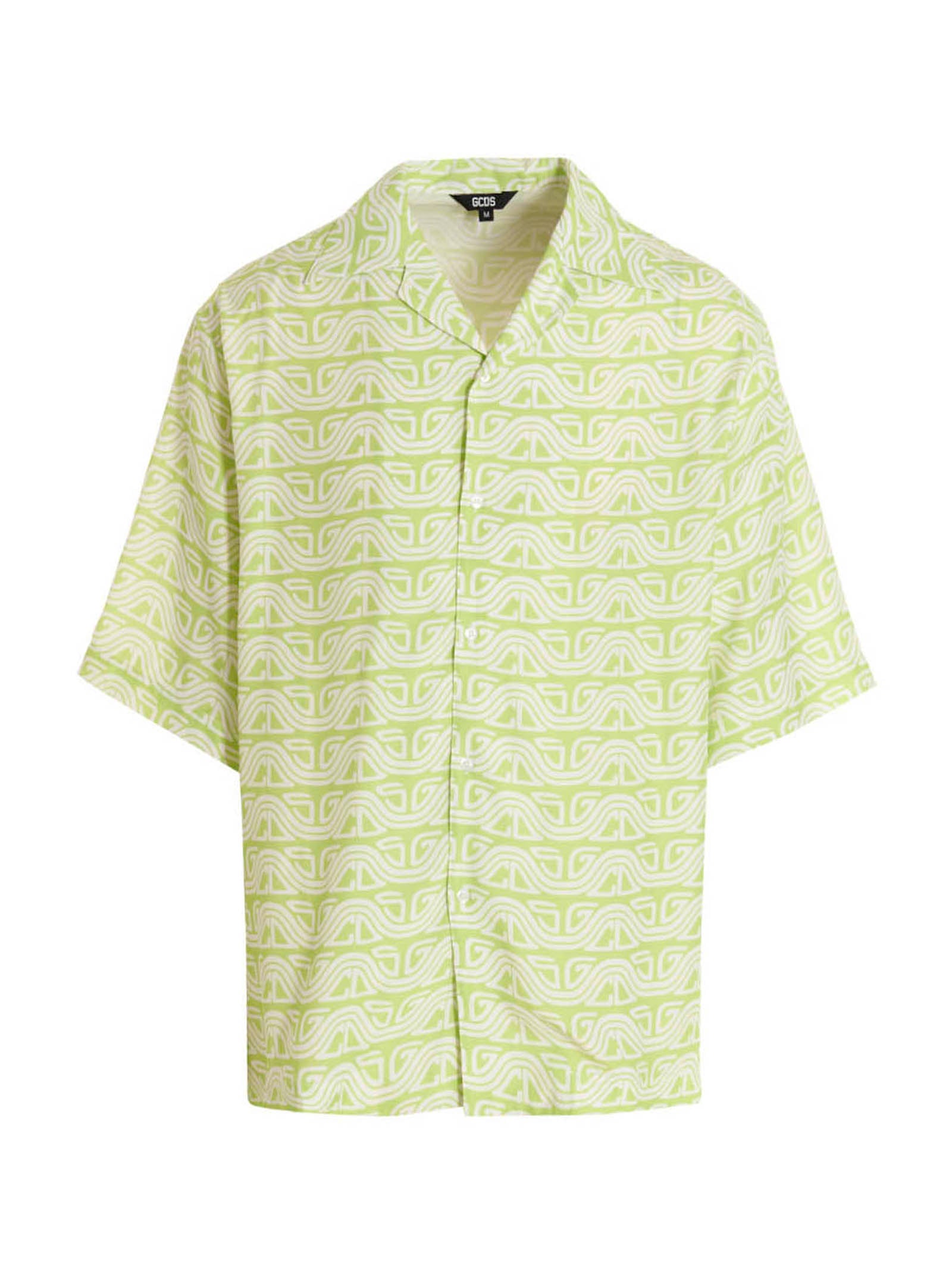 Shirt by GCDS for men in viscose bicolour, green & print showcases a sharp silhouette, elegantly detailed with a sharp and sharp short-sleeve.