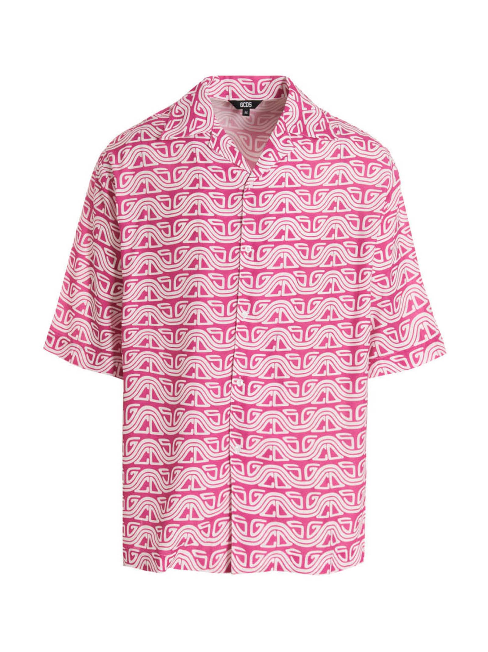 Shirt by GCDS for men in viscose fuchsia & print showcases a sleek silhouette, elegantly detailed with a sleek and short-sleeve for a sleek finish.