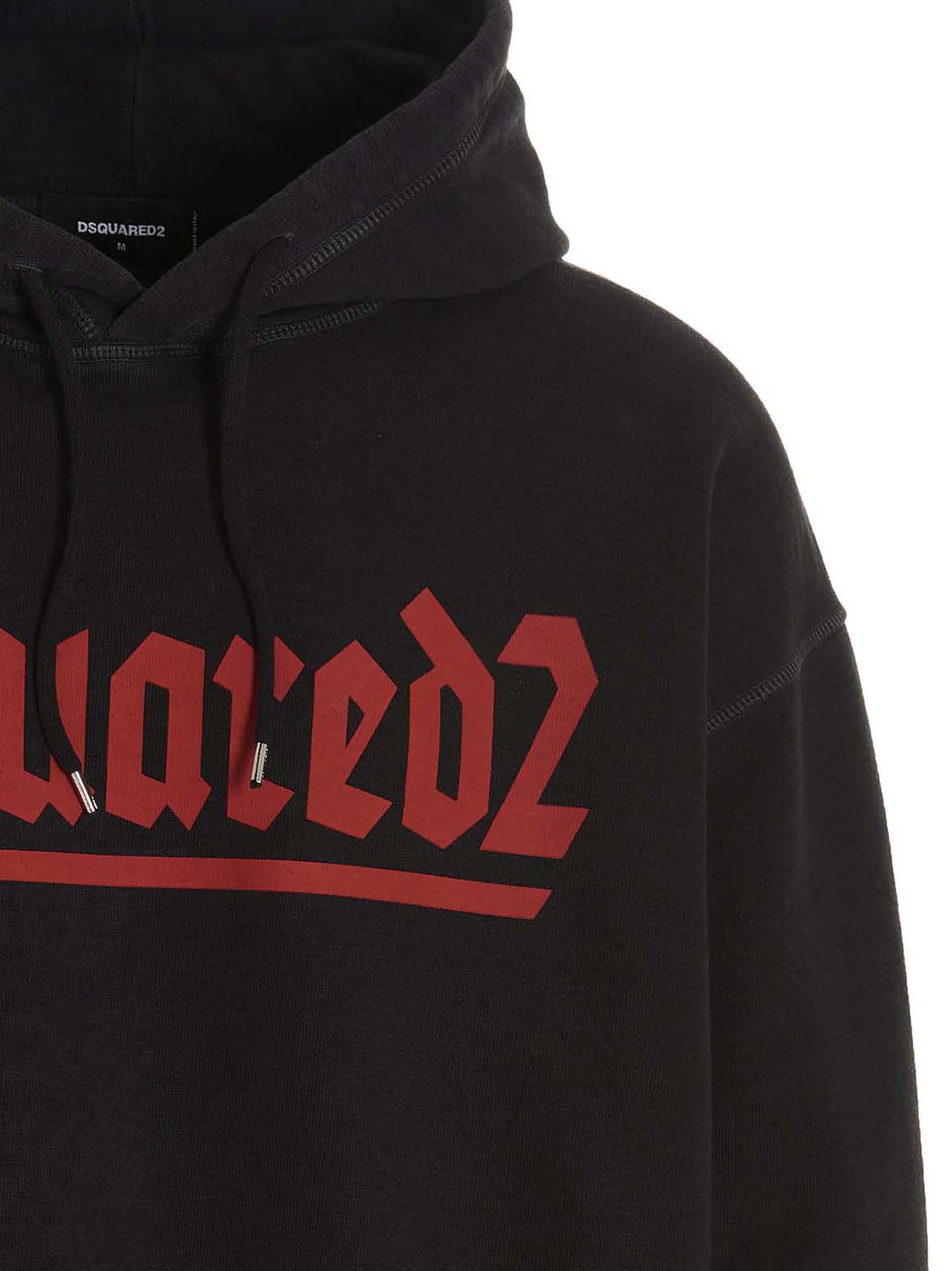 Sweatshirt Hoodie by Dsquared² for men in cotton black & print features an dramatic silhouette, showcasing a sophisticated hooded neckline and dramatic for a refined, modern aesthetic.