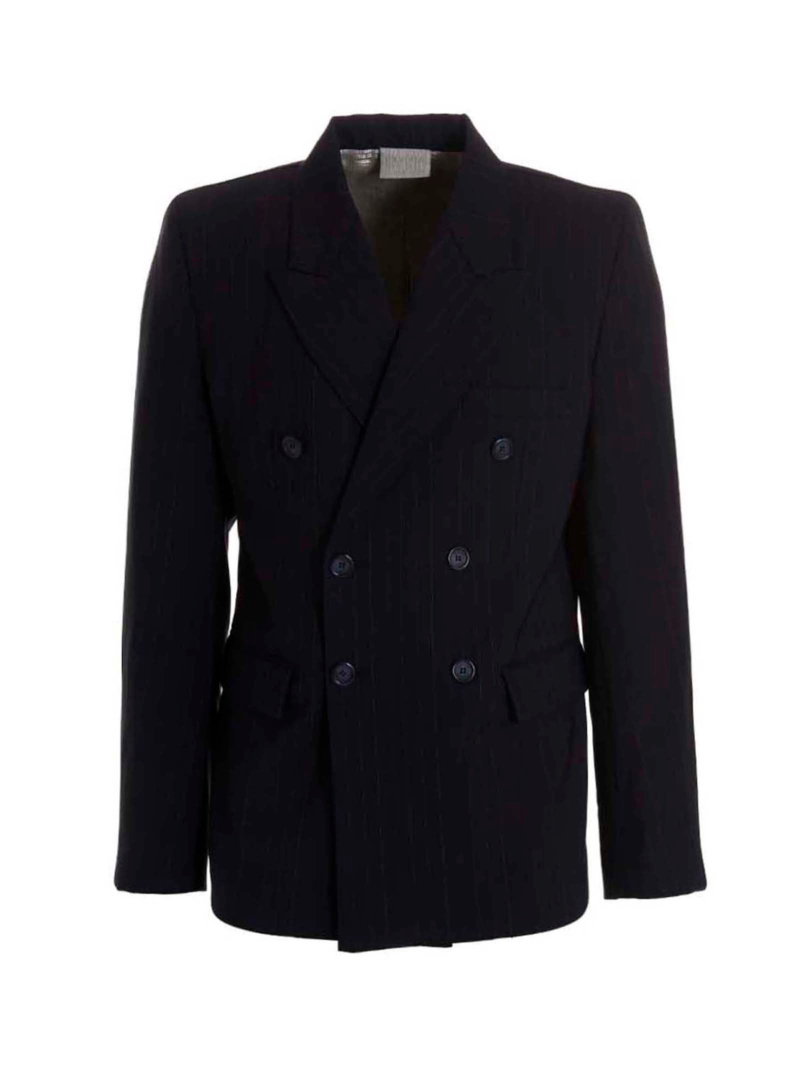 Blazer by VTMNTS for men in virgin wool blue & multicolor features an sartorial silhouette, showcasing a sophisticated and sartorial for a truly sartorial finish.