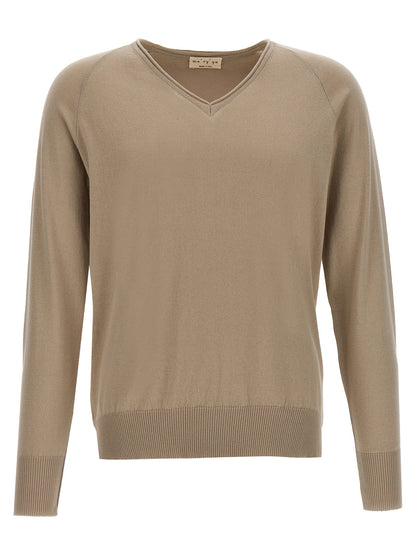 Cardigan by MA'RY'YA for men in modacrylic & cotton beige features an crisp silhouette, showcasing a sophisticated v-neck neckline and detail for a truly crisp finish.