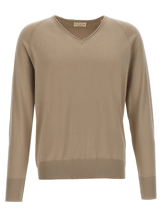 Cardigan by MA'RY'YA for men in modacrylic & cotton beige features an crisp silhouette, showcasing a sophisticated v-neck neckline and detail for a truly crisp finish.