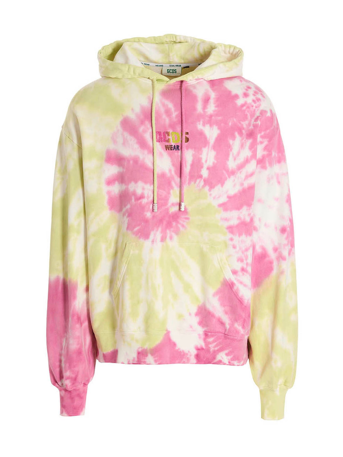 Sweatshirt Hoodie by GCDS for men in cotton multicolor, tie-dye & print features a slouchy chic silhouette, detailed with a slouchy chic and a signature hooded neckline for an elevated aesthetic.
