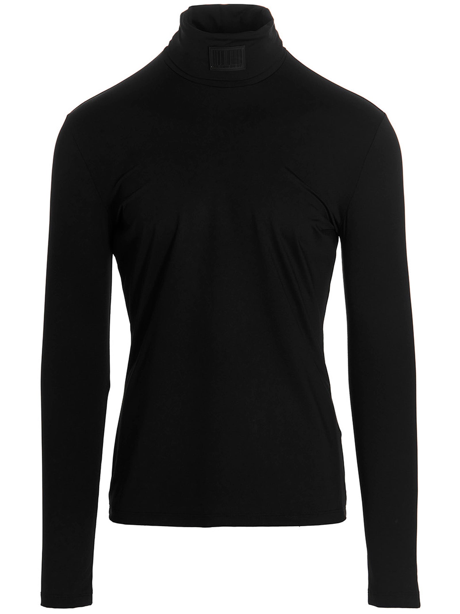 Cardigan by VTMNTS for men in stretch polyamide black & signature presents a textural silhouette, artfully finished with a textural turtle neckline and for a sophisticated, textural look.