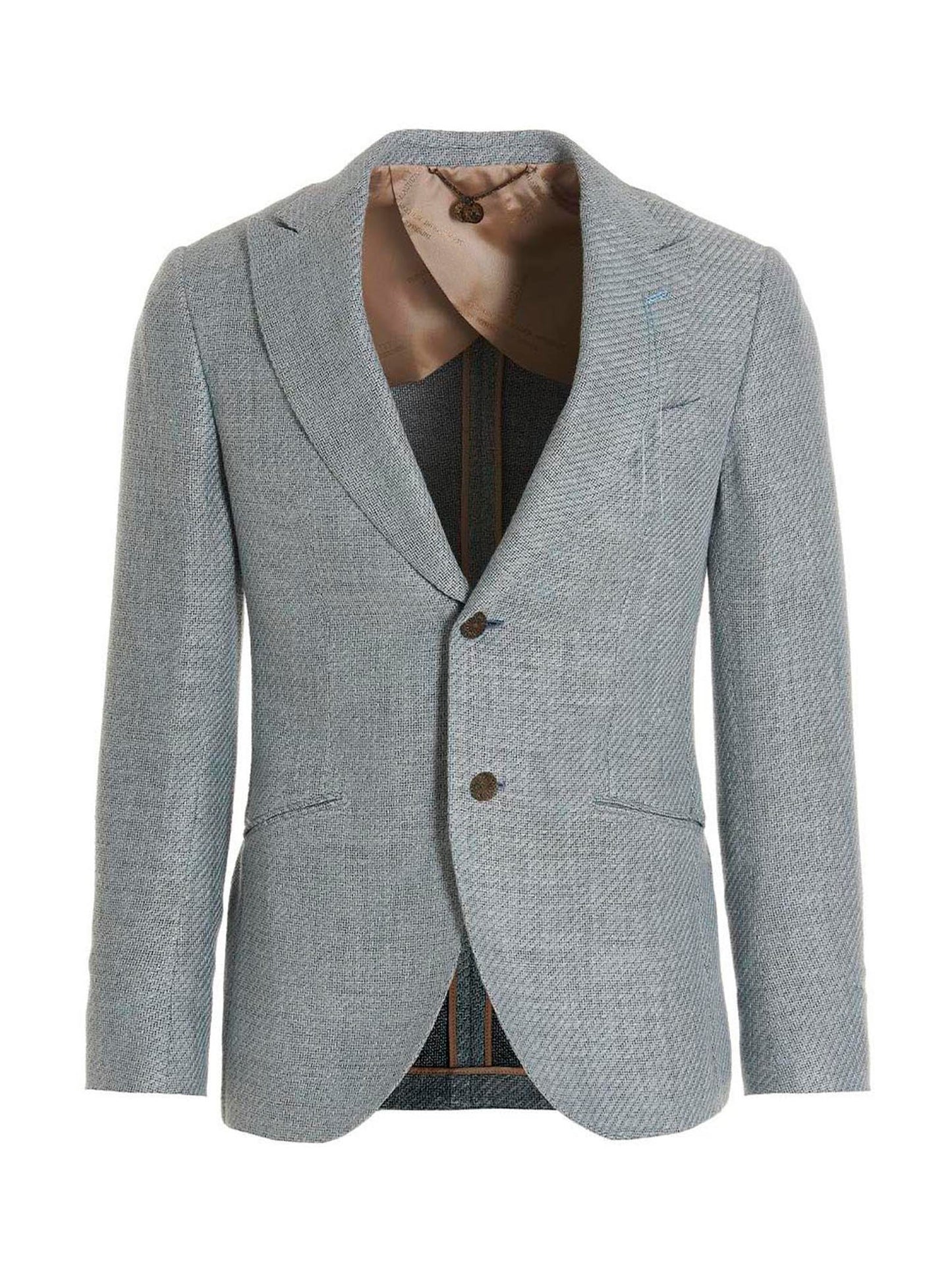 Blazer by MAURIZIO MIRI for men in polyamide linen silk & cotton light-blue features an sartorial silhouette, showcasing a sophisticated and sartorial for a truly sartorial finish.
