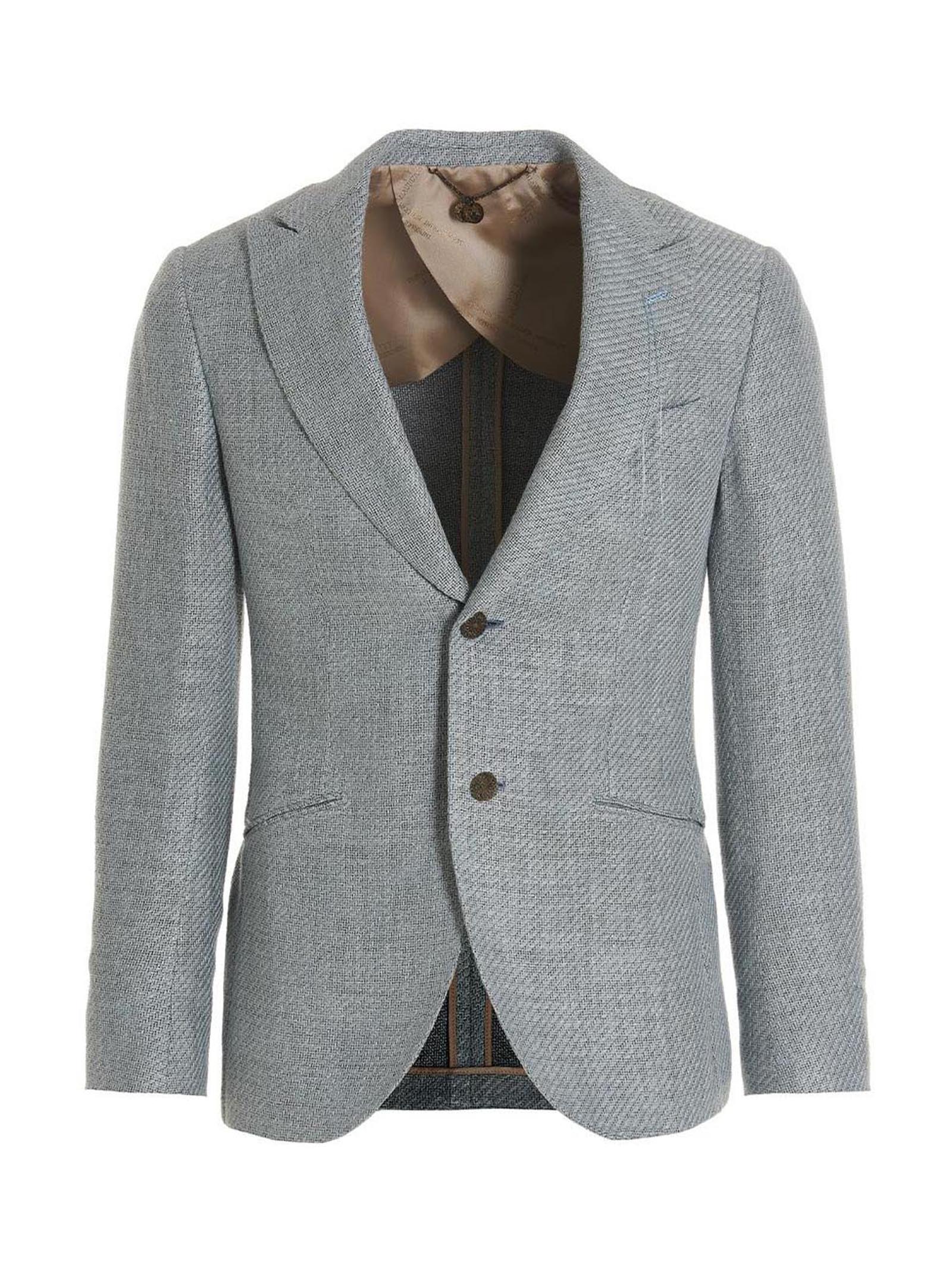 Blazer by MAURIZIO MIRI for men in polyamide linen silk & cotton light-blue features an sartorial silhouette, showcasing a sophisticated and sartorial for a truly sartorial finish.