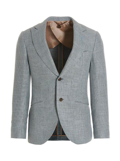Blazer by MAURIZIO MIRI for men in polyamide linen silk & cotton light-blue features an sartorial silhouette, showcasing a sophisticated and sartorial for a truly sartorial finish.