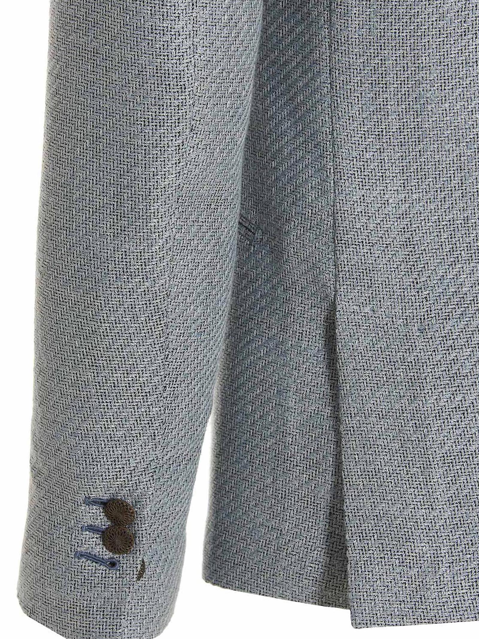 Blazer by MAURIZIO MIRI for men in polyamide linen silk & cotton light-blue showcases a polished silhouette, highlighted by a refined and polished for a sophisticated finish.