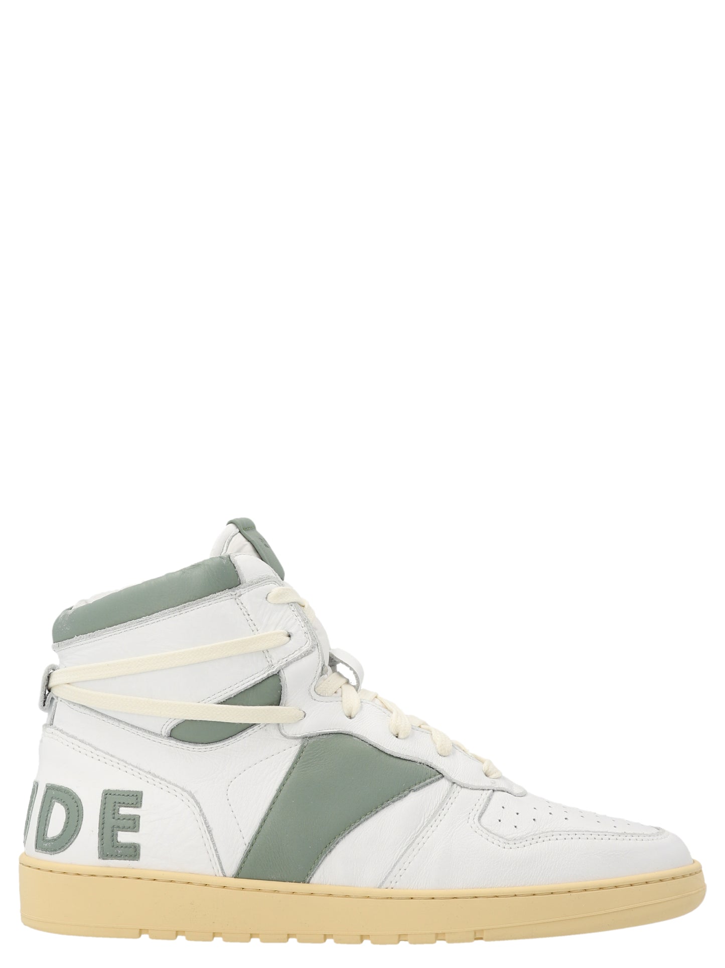 Sneakers by Rhude for men in calfskin leather bicolour & green presents a impeccable silhouette as Men's High Top Calfskin Leather Sneakers, expertly defined by a impeccable high-top style for a impeccable, high-fashion look.