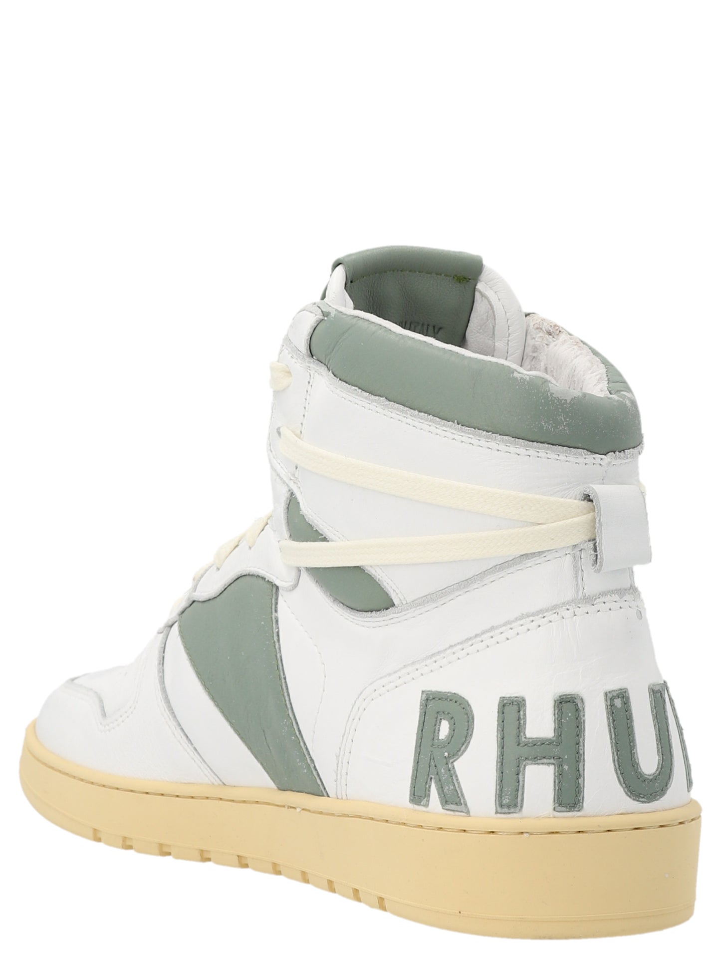 Sneakers by Rhude for men in calfskin leather bicolour & green features a chic design, perfectly showcasing the chic high-top style of this Men's High Top Calfskin Leather Sneakers.