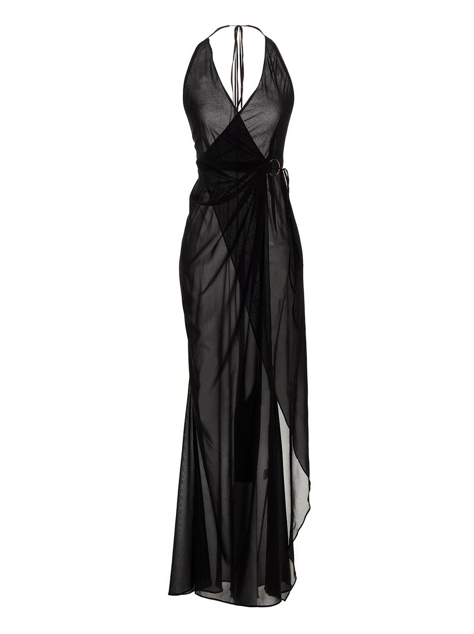 Dress by Louisa Ballou for women in silk black features a dramatic silhouette, showcasing an elegant wrap halter neckline and that flows into a dramatic long.