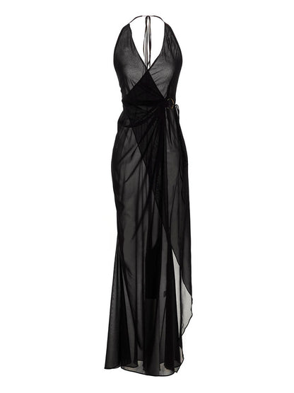 Dress by Louisa Ballou for women in silk black features a dramatic silhouette, showcasing an elegant wrap halter neckline and that flows into a dramatic long.