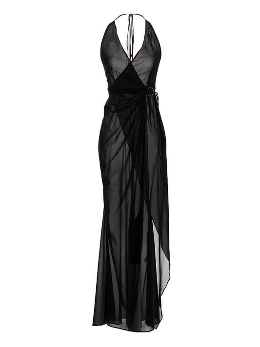Dress by Louisa Ballou for women in silk black features a dramatic silhouette, showcasing an elegant wrap halter neckline and that flows into a dramatic long.