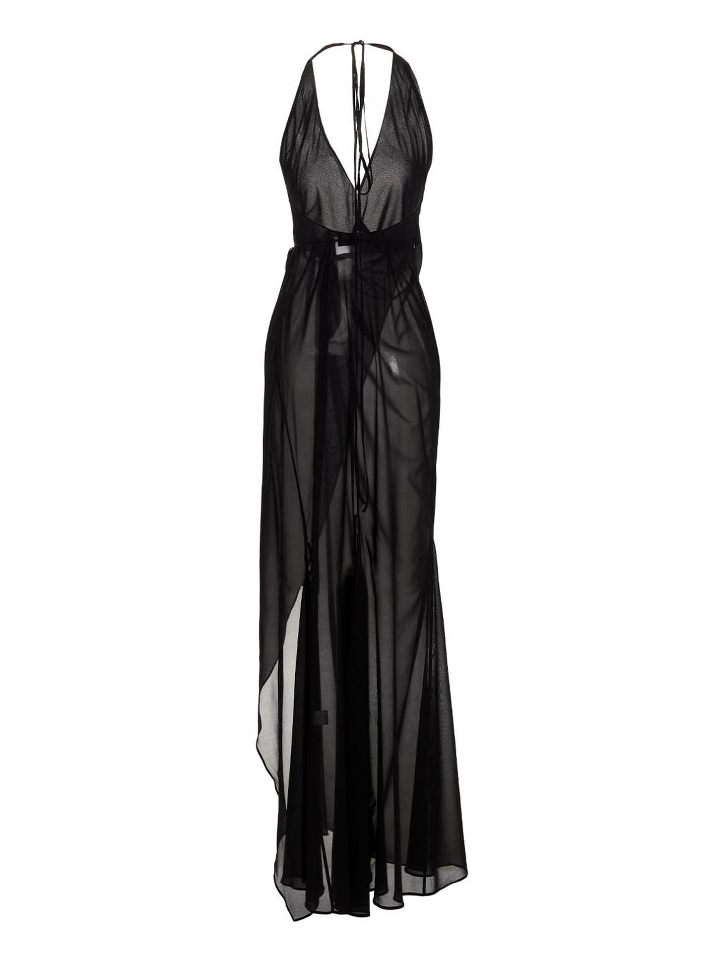 Dress by Louisa Ballou for women in silk black presents a sinuous silhouette, showcasing a sophisticated wrap halter neckline and detailed with a sinuous long for a refined finish.