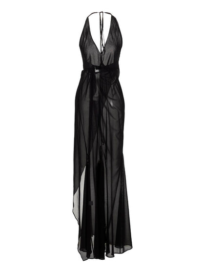Dress by Louisa Ballou for women in silk black presents a sinuous silhouette, showcasing a sophisticated wrap halter neckline and detailed with a sinuous long for a refined finish.