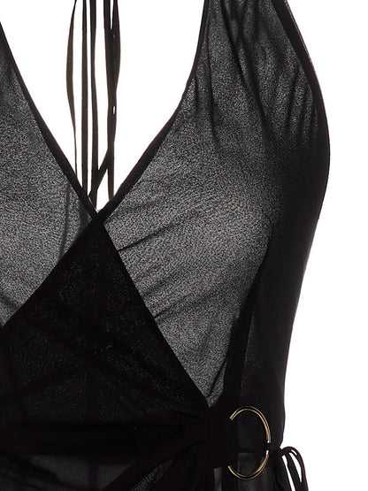 Dress by Louisa Ballou for women in silk black features an eye catching silhouette with a sophisticated wrap halter neckline, elegant , and a refined long for a eye catching aesthetic.
