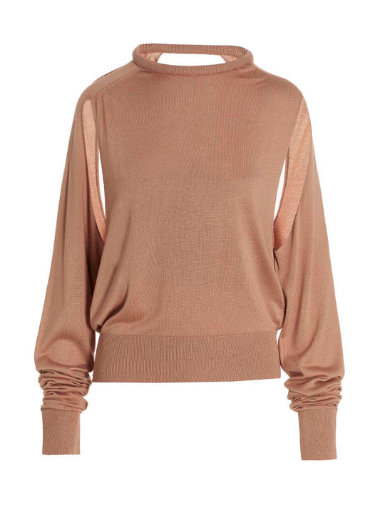 Cardigan by RAMAEL for women in silk beige features a dramatic silhouette, showcasing a sophisticated and dramatic long-sleeve detail for a timeless, premium look.