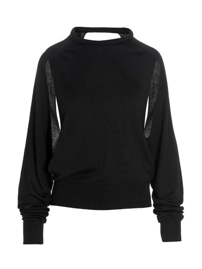 Cardigan by RAMAEL for women in silk black features a dramatic silhouette, showcasing a sophisticated and dramatic long-sleeve detail for a timeless, premium look.