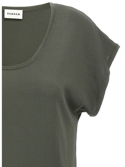 T-Shirt by P.A.R.O.S.H. for women in polyamide viscose bicolour & green showcases a dramatic silhouette, elegantly detailed with a dramatic round neckline and for a truly dramatic finish.