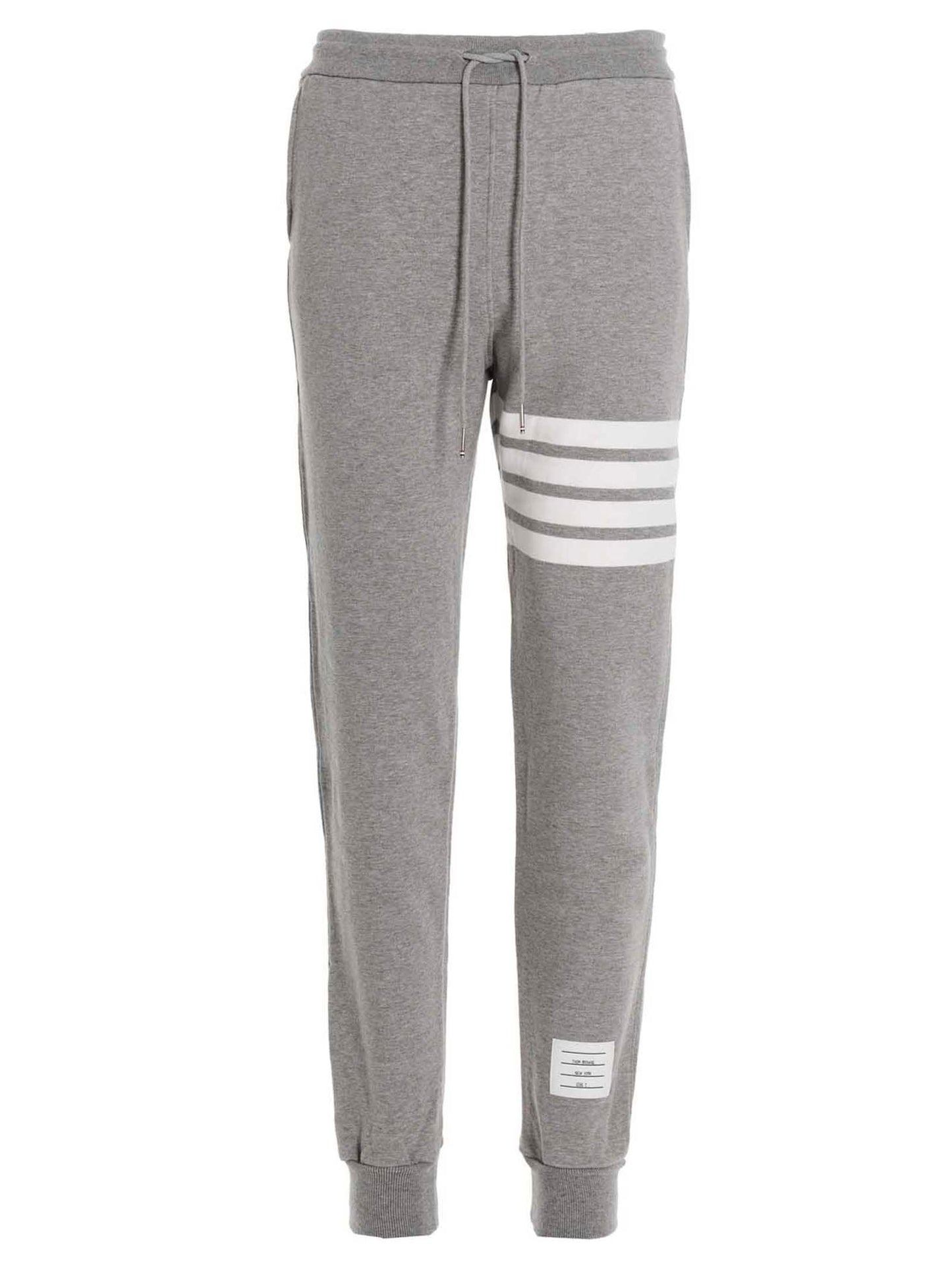 Joggers by Thom Browne for men in cotton gray features a polished silhouette with a polished , reaching a polished long and finished with a polished .