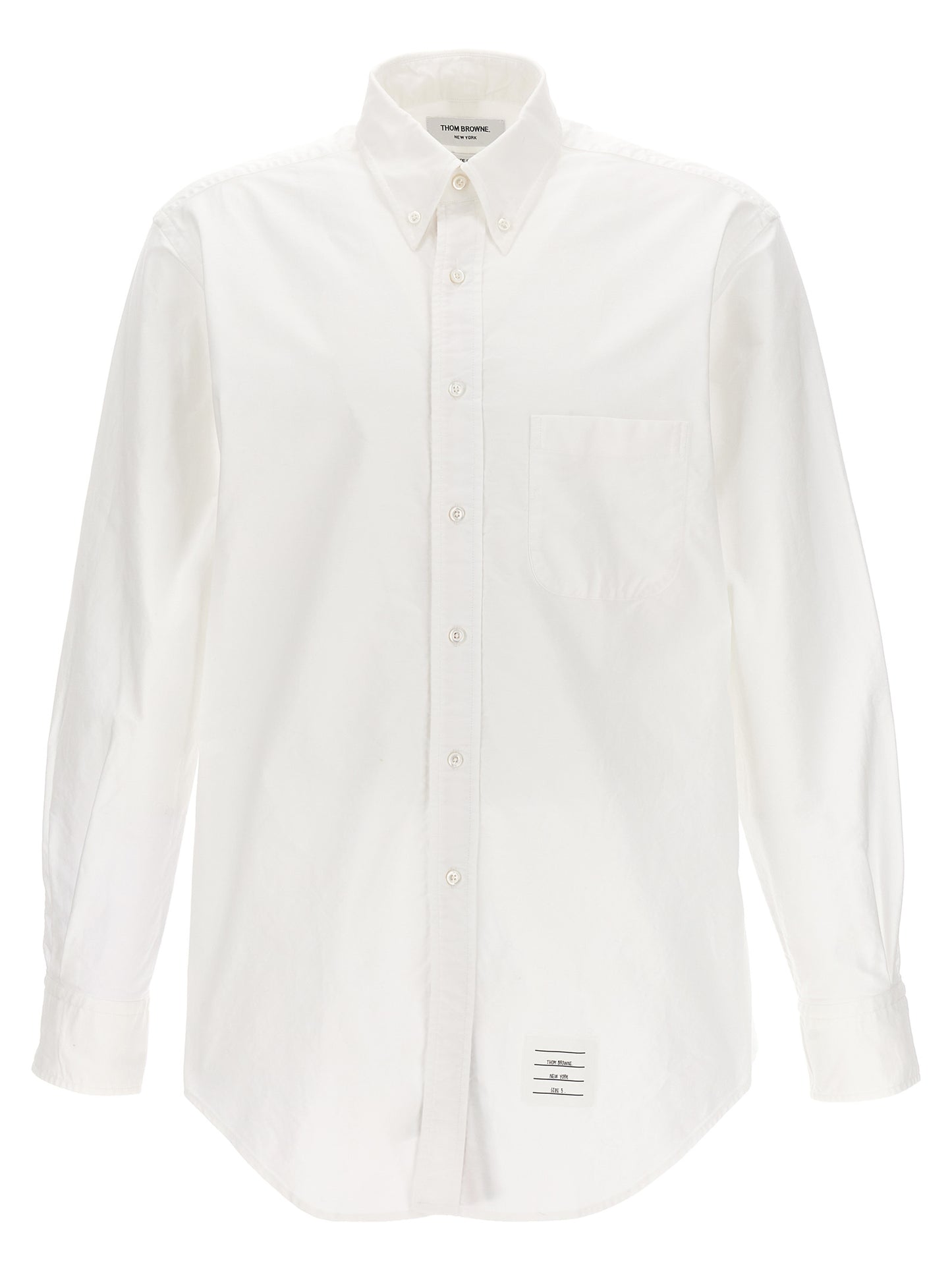 Shirt by Thom Browne for men in cotton white showcases a sleek silhouette, elegantly detailed with a sleek and for a sleek finish.