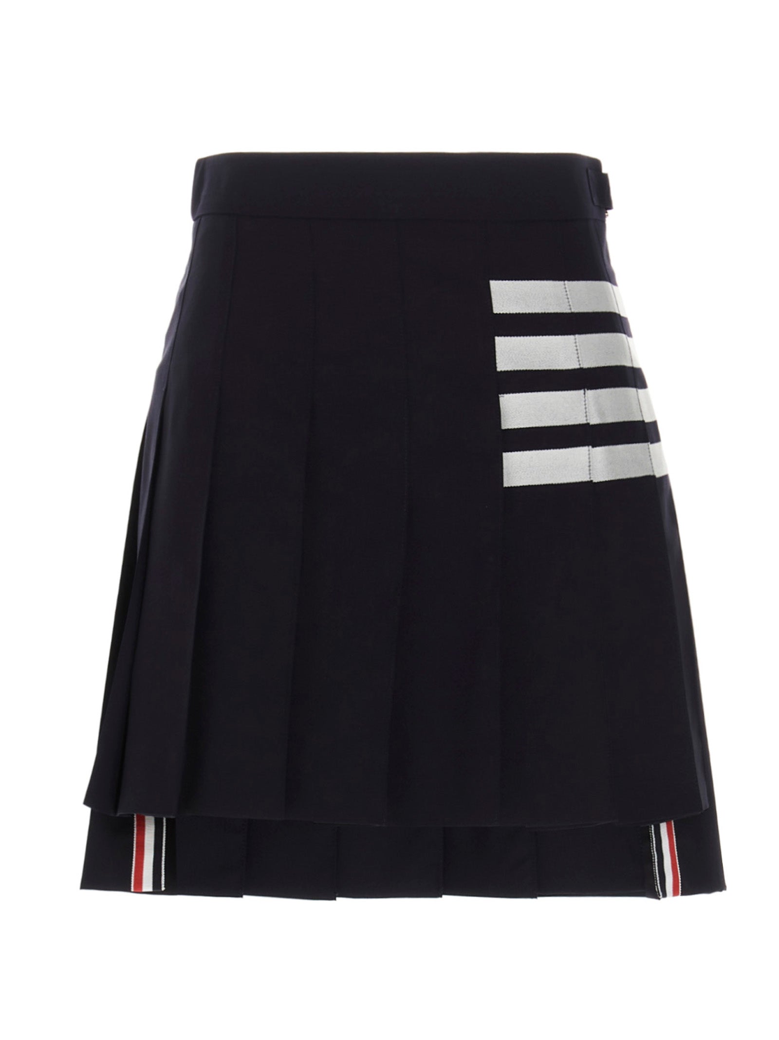 Skirt by Thom Browne for women in cupro wool blue & striped features a contoured silhouette from the Women's Pleated Cupro Wool Long Skirt collection, characterized by its contoured long for a contoured finish.