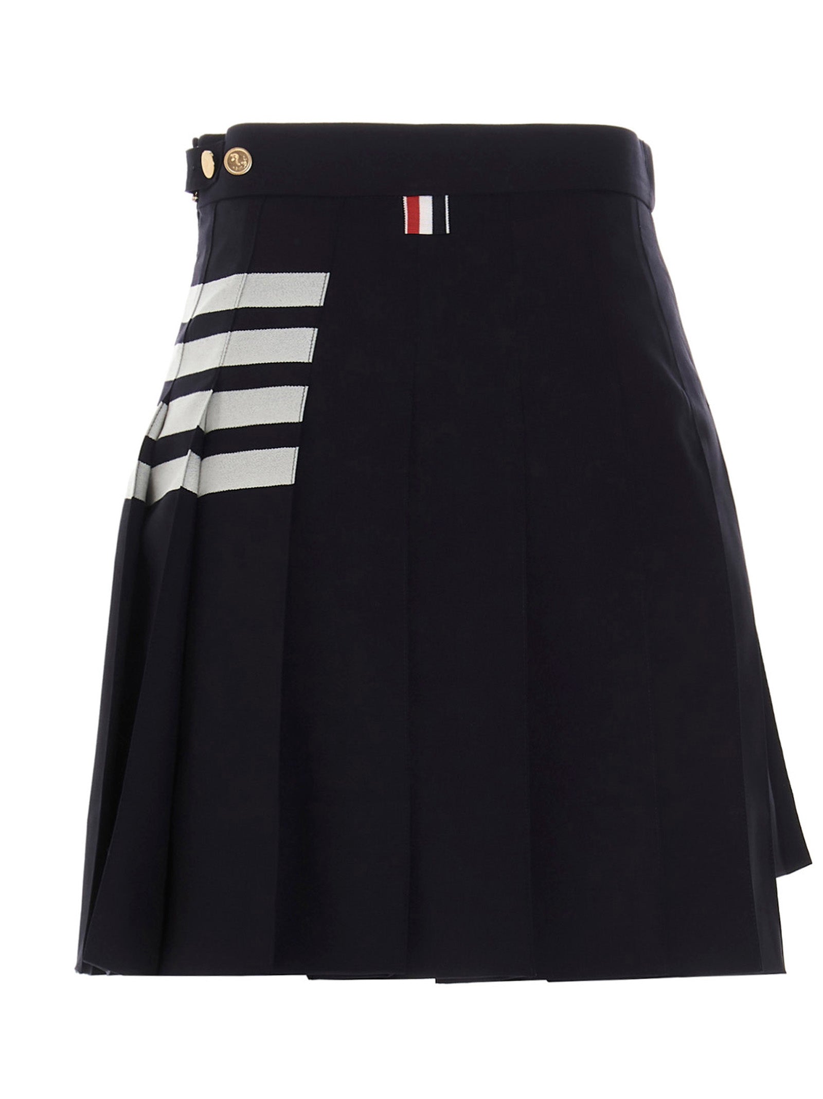 Skirt by Thom Browne for women in cupro wool blue & striped features a sublime silhouette, showcasing the sublime design of the Women's Pleated Cupro Wool Long Skirt in a sophisticated long.