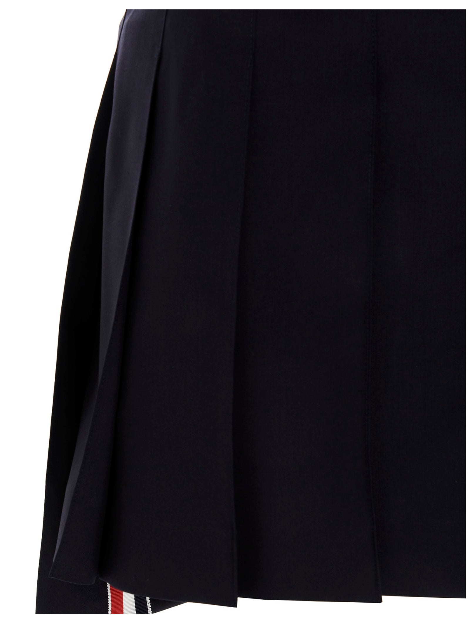 Skirt by Thom Browne for women in cupro wool blue & striped features a captivating silhouette, showcasing the captivating Women's Pleated Cupro Wool Long Skirt design with a sophisticated long for a captivating look.